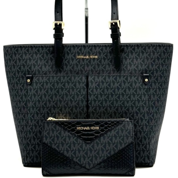 Michael Kors Jet Set Medium Pocket Tote Bag & Double Zip Wallet Black Multi - Picture 1 of 13